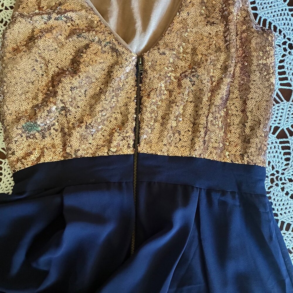 Rosette Rose Gold Sequin & Navy Chiffon Sleeveless Skater Dress Women's Large - Picture 12 of 15